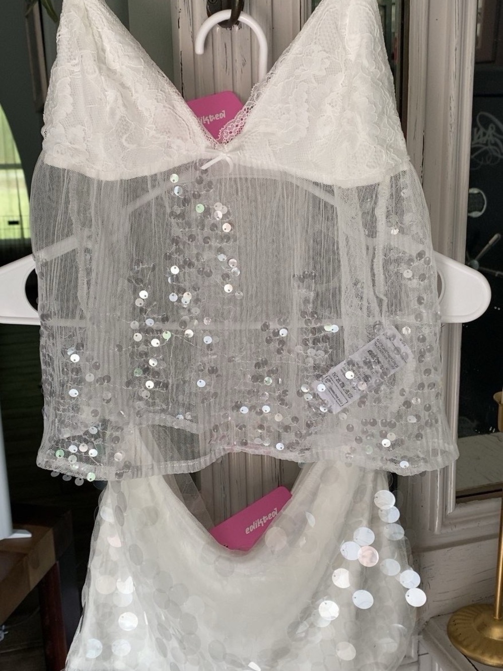 Edikted White Sequin Tulle Lace skirt and top set